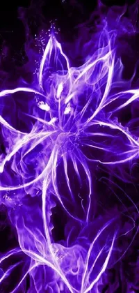 This phone live wallpaper features stunning digital art of a close-up purple flower against a black backdrop