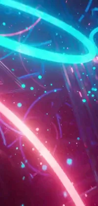 Give your phone a mesmerizing edge with this neon lights live wallpaper featuring stunning hot pink and cyan swirls amidst magic particles in a dark room