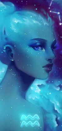 Looking for a mesmerizing live wallpaper for your phone? Check out this digital art featuring a woman with stars in her hair, a luminous water elemental, and a Taurus zodiac sign symbol in a serene blue-colored background