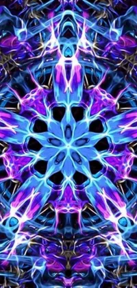 This stunning live wallpaper features a vibrant blue and purple snowflake set against a sleek black background