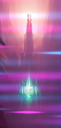 Take your phone on a sci-fi adventure with this stunning live wallpaper featuring a spaceship soaring through the sky, surrounded by glowing accents in mauve and cyan hues