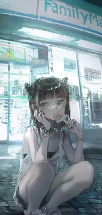 This phone live wallpaper features an intriguing scene where a woman is sitting on the ground in front of a store
