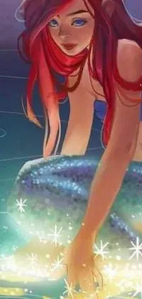 This phone wallpaper boasts a stunning illustration of a mermaid perched peacefully atop a glittering body of water