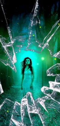 Enhance your phone with this captivating and eerie live wallpaper; a broken glass door stands in front of a mysterious woman, illuminated by sinister green lights