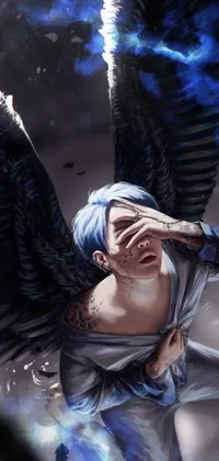 Get mesmerized with a stunning digital art live wallpaper featuring a blue-haired angel with burnt black wings and a sorrowful expression