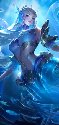The dynamic phone live wallpaper features an armored woman standing in tranquil water with blue and ice silver armor which enhances her curves and strength