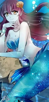 Transform your phone's backdrop with this enchanting live wallpaper featuring a mesmerizing digital artwork of a stunning mermaid reclining on a rock alongside a vibrant fish