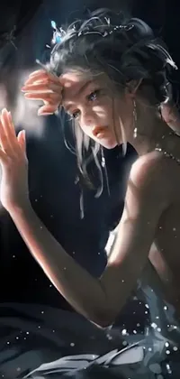 Experience a stunning phone live wallpaper that showcases a fantasy scene of a tearful woman sitting on a bed near a reflective mirror