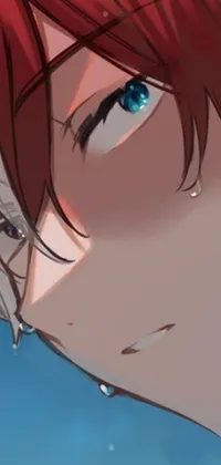 This live wallpaper showcases a striking close-up of a person with fiery red hair and big, blue tears flowing down their face
