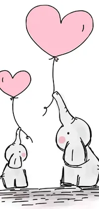 This live wallpaper features a sketch illustration of elephants holding a heart-shaped balloon in white and pink colors