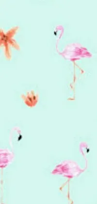 Looking for a fun and colorful phone wallpaper? Check out this live wallpaper featuring a group of pink flamingos standing in shallow water, surrounded by lily pads