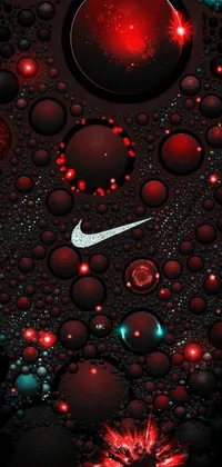 This phone live wallpaper boasts a black background with red and blue bubbles that feature the iconic white Nike logo, set in a digital art style