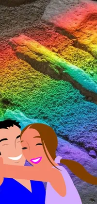 This live wallpaper features a heartwarming image of a man and a woman hugging in front of a rainbow painted wall adorned with colorful chalk art