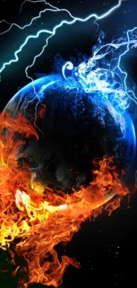 This phone live wallpaper showcases a captivating image of a blazing planet with crackling lightning and flames, accompanied by a haunting skull on the side