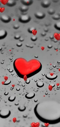 This phone wallpaper boasts a beautiful red heart surrounded by water droplets and a black and white picture with red love hearts