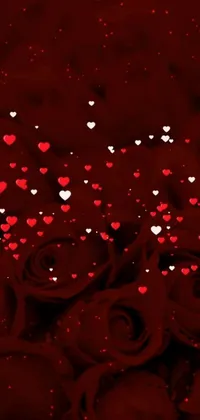 This dark red background live phone wallpaper showcases a bunch of deep red roses with heart shapes on them that have been crafted into a picture of digital art