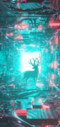 This phone live wallpaper features a realistic 3D render of a deer standing in a holographic room, with tunnels leading to other worlds