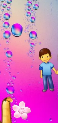 This lively phone wallpaper features a sweet couple holding hands amid a backdrop of flowing purple water and colorful bubbles