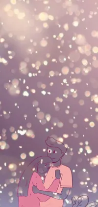 This animated wallpaper depicts a wintry scene with two figures sitting on snow-covered ground, with a garnet from an animated series at the center, embellished with sprinkles