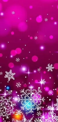 This live phone wallpaper boasts a purple background with snowflakes and stars, accompanied by bright pink and purple lights that add a fun touch