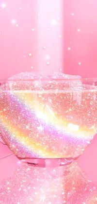 This phone live wallpaper features a cup of iridescent liquid on a pink gradient table