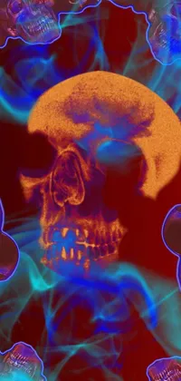 This phone live wallpaper features a close-up of a digitally rendered skull on a red background, emitting a sense of danger and intensity