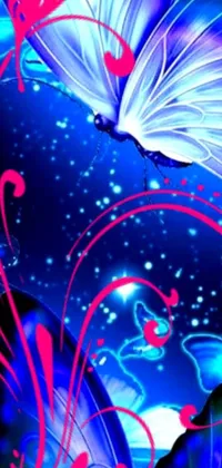 This phone live wallpaper features a stunning butterfly in a digital art style, set against a vibrant blue background