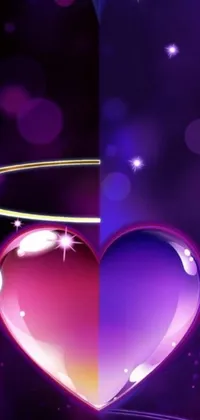 This stunning phone live wallpaper features two beautifully designed hearts in vector art style, set against a cosmic purple space backdrop