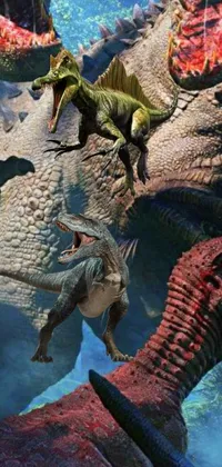 Looking for an eye-catching live wallpaper for your phone that will transport you to a prehistoric world? Look no further than this digital collage of a group of fierce dinosaurs engaged in battle with a dragon