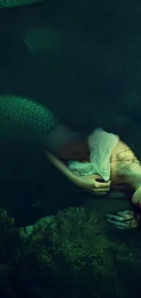 This phone live wallpaper features a beautiful and realistic mermaid sitting on a rock in calm waters