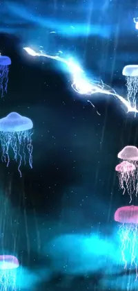 This mesmerizing live phone wallpaper features a digital rendering of jellyfish floating on water, complemented by rain and lightning effects