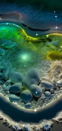 This live wallpaper for phones features a heart-shaped rock sitting in water; an Alexander Kucharsky microscope photo