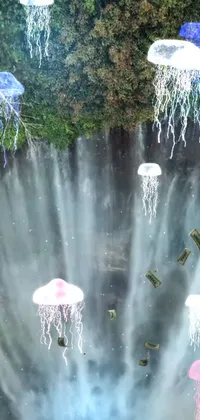 This live wallpaper for your phone depicts a group of jellyfish gracefully floating in a pond of water