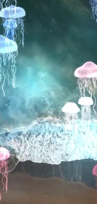 Create a stunning live phone wallpaper featuring a group of jellyfish gracefully floating on calm water