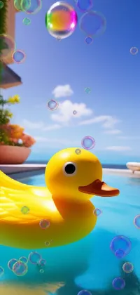 Get ready to make a splash with this cheerful live phone wallpaper! Featuring a bright yellow rubber duck floating in a crystal clear blue pool, this high-quality 3D render is made possible thanks to the power of the Unreal Engine