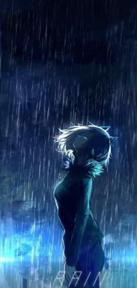 This phone live wallpaper features an anime drawing of a woman holding an umbrella in the rain