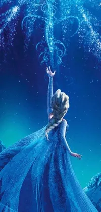 This phone live wallpaper features an ethereal frozen princess seated atop a glittering snow-covered hill