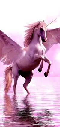 This stunning phone live wallpaper showcases a majestic white horse with wings, standing on its hind legs in clear water