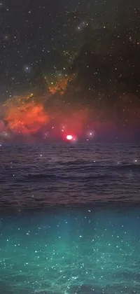 This phone live wallpaper showcases a stunning sunset over an ocean, with stars shining in the blue and red hued sky