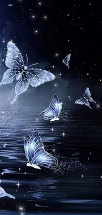 This live phone wallpaper features stunning digital art of a group of graceful butterflies flying over a serene blue water body