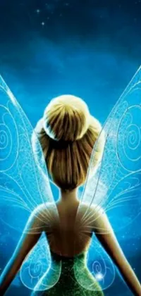 This live phone wallpaper showcases a tinkering fairy with big white glowing wings in a scene inspired by Disney and magical realism