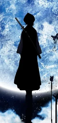 This live wallpaper boasts an enigmatic black silhouette of a sword-bearing figure in front of a full moon