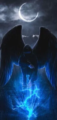 This phone live wallpaper features an image of an angel standing in the rain in a dark and moody digital artwork