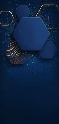 This live phone wallpaper boasts an alluring dark blue backdrop adorned with intricate gold geometric shapes