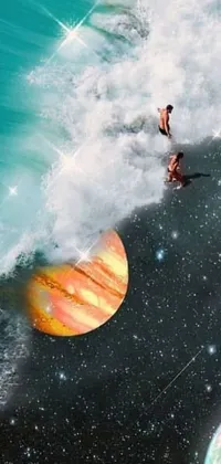 Experience the aquatic thrill of this phone live wallpaper depicting an individual surfing on top of a wave