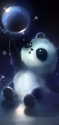 Enhance your phone with this adorable live wallpaper depicting a panda bear surrounded by floating bubbles