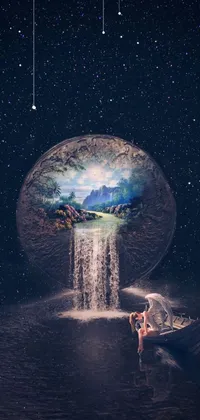 Get lost in this mesmerizing phone live wallpaper featuring a surreal painting of a man sitting in a boat in front of a glorious waterfall