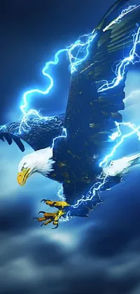 This live wallpaper features an eagle flying through a cloudy sky with yellow lightning strikes, set against a majestic mountain backdrop