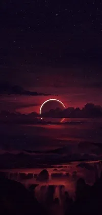 This phone live wallpaper showcases a magnificent eclipse hovering in the sky amidst fluffy white clouds