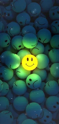 This colorful phone live wallpaper features a cute smiley face surrounded by a group of friendly smiley faces in green and yellow colors